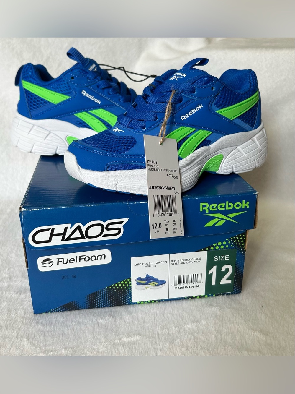 Reebok Chaos Boys Royal Blue Lime Green Mesh Athletic Running Shoes Sz 12 NIB